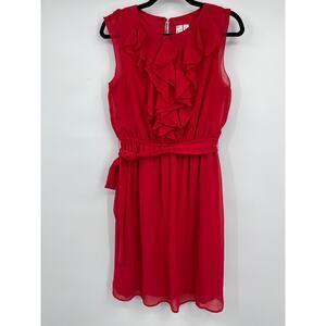Emma & Michele Womens Ruffle Front Belted Dress Round Neck Red Size 10
